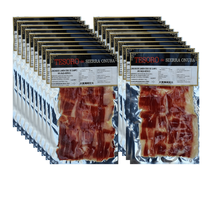 Pack sobres jamón cebo de campo 50% raza ibérica loncheado a cuchillo Tesoro de Sierra Onuba | Anselmo Benito/Montebugo
