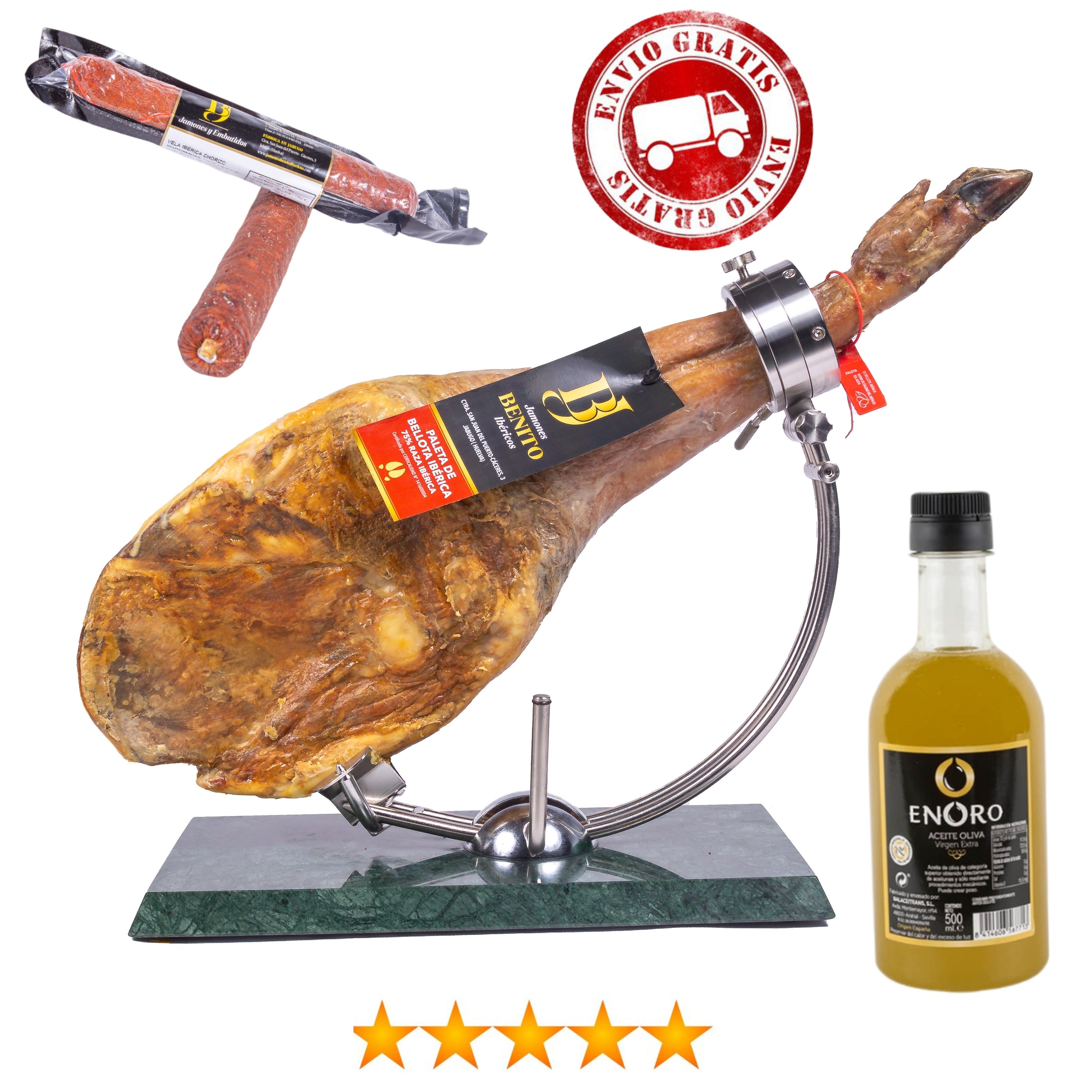 Gran lote de Paleta bellota ibérica 50% raza ibérica De 5.0 kg a 5.5 kg00 Kg + salchichón vela + chorizo vela + botella aceite 500 ml