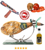 Lote paleta cebo de campo + chorizo ib. vela + salchichón ib. vela + medio morcón bellota + botella aceite 500ml