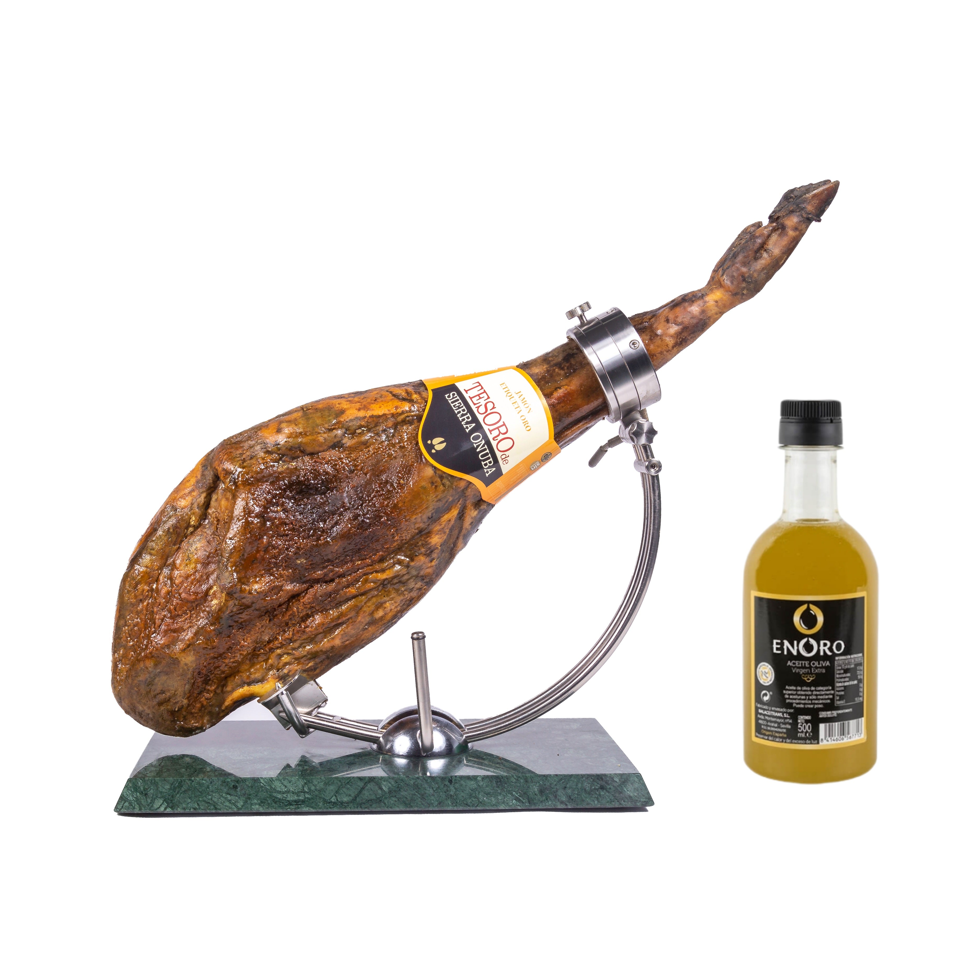 Jamón etiqueta Oro Tesoro de Sierra Onuba  de 8/8.5 Kg + Aceite oliva virgen extra