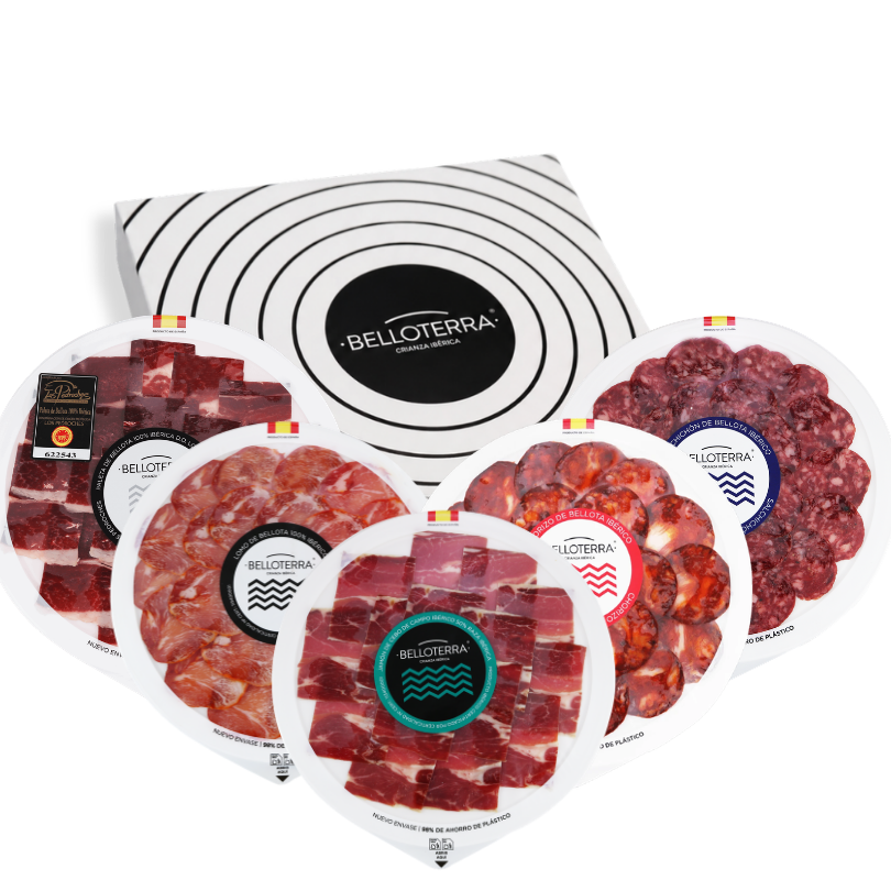 Pack Degusta 5 loncheados (Jamón Cebo Campo ibérico 50% raza ibérica, Paleta de bellota 100% ibérica D.O., Lomo de bellota 100% ibérico, Salchichón y Chorizo) | Belloterra