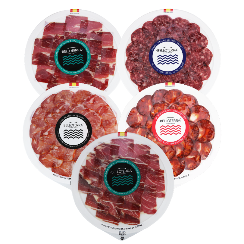 Pack Degusta 5 loncheados (Jamón Cebo Campo ibérico 50% raza ibérica, Paleta de bellota 100% ibérica D.O., Lomo de bellota 100% ibérico, Salchichón y Chorizo) | Belloterra