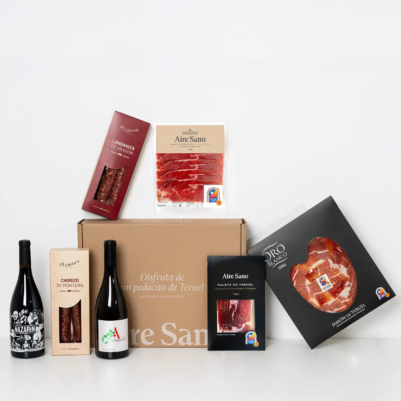 Pack Jamón y Vino Aire Sano con jamón D.O. Teruel, paleta loncheada y vinos Lagar D'Amprius de Aragón