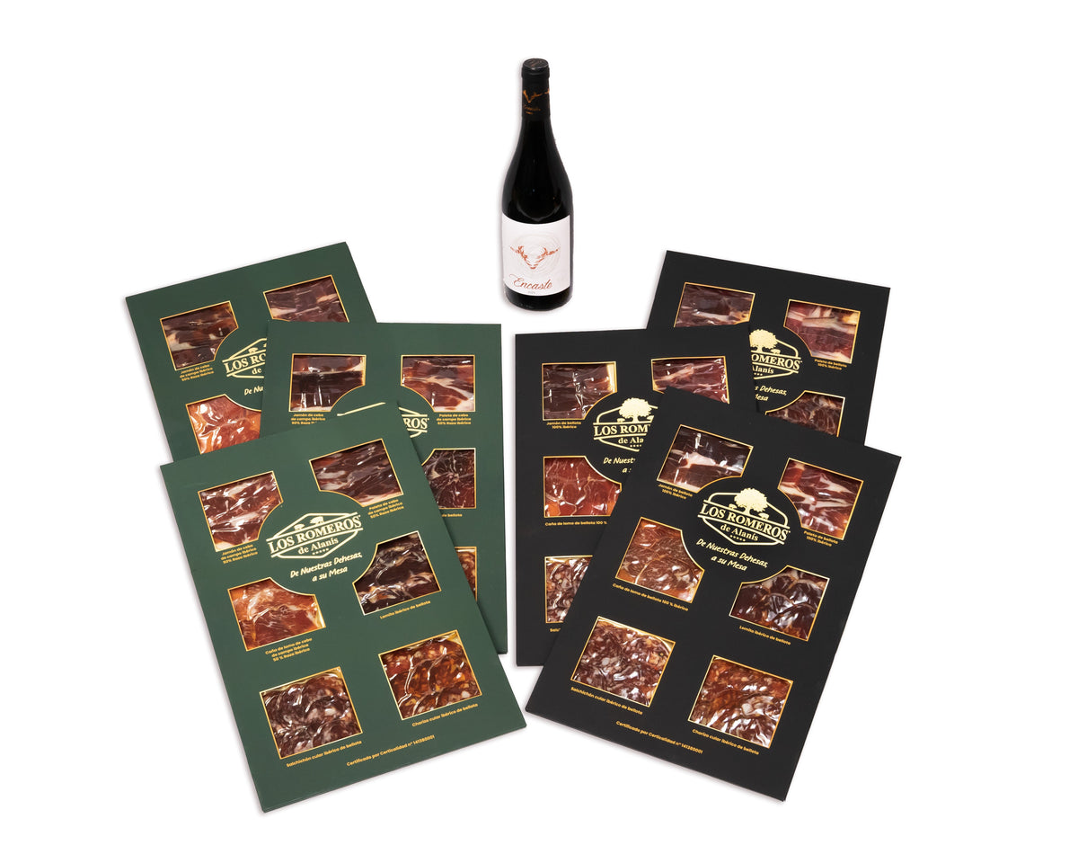Lote de Navidad De la sierra de Los Romeros de Alanís: tres surtidos de cebo de campo, tres de bellota y tinto Encaste