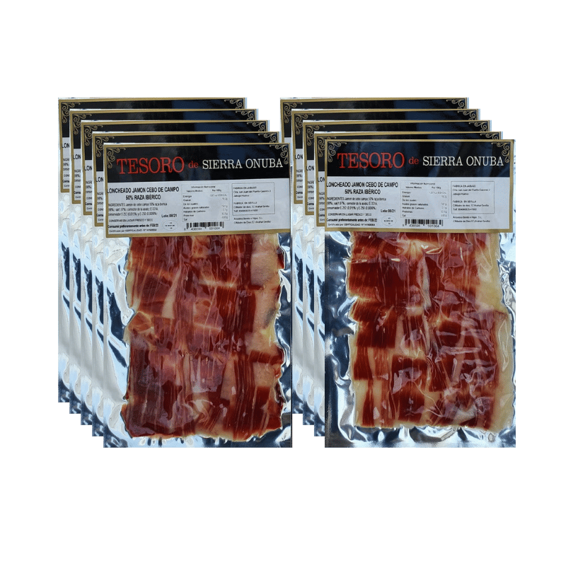 Pack sobres jamón cebo de campo 50% raza ibérica loncheado a cuchillo Tesoro de Sierra Onuba | Anselmo Benito/Montebugo