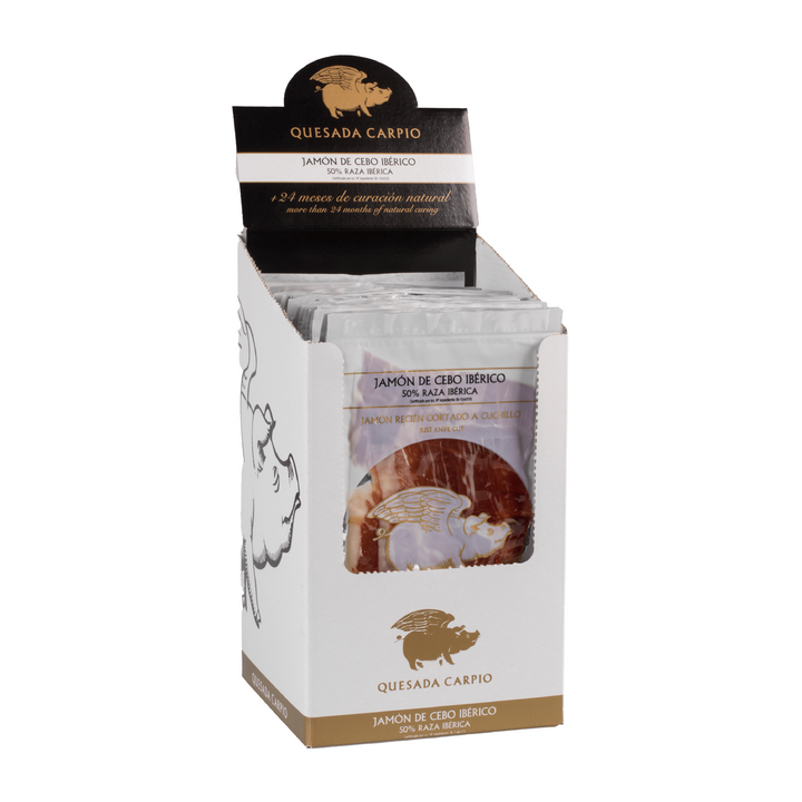 Pack 20 Sobres de 50 g (1 kg) Jamón Ibérico Loncheado a Cuchillo – Quesada Carpio