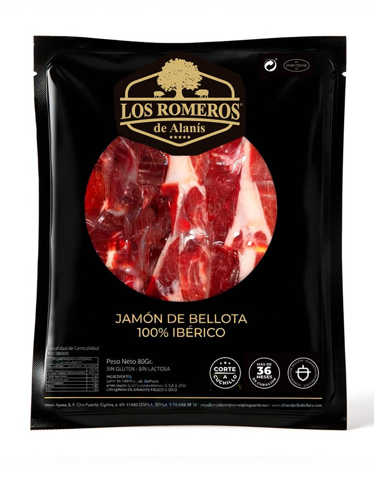Jamón de bellota 100 % ibérico loncheado a cuchillo de Los Romeros de Alanís, envasado al vacío en sobre
