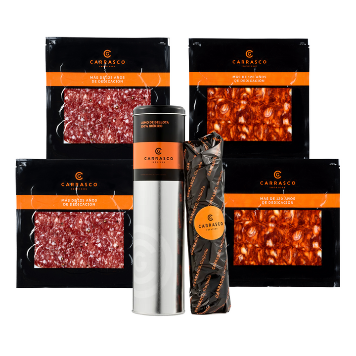 Pack Caña de Lomo de Bellota 100% Ibérico (Lata Media Pieza) + 2 Sobres Salchichón + 2 Sobres Chorizo – Carrasco Ibéricos