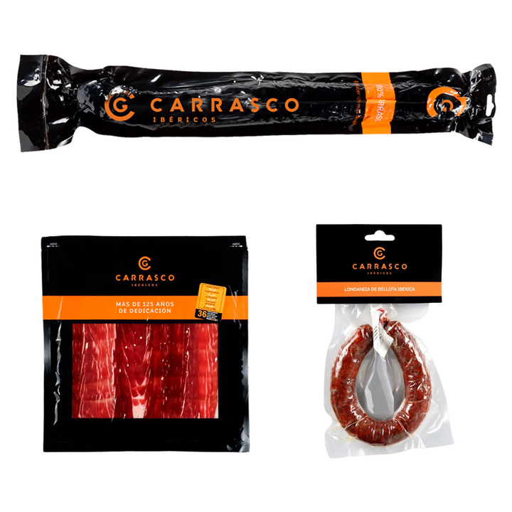 Pack Chorizo Ibérico Pieza Entera + Jamón de Bellota 100% Ibérico Carrasco (1 sobre 100 g) + Longaniza de Bellota 100% Ibérica – Carrasco Ibéricos