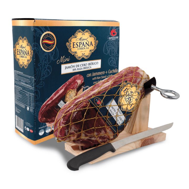Mini Jamón de Cebo Ibérico 50% Raza Ibérica 1 kg + Mini Jamonero + Cuchillo – Miguel España e Hijos
